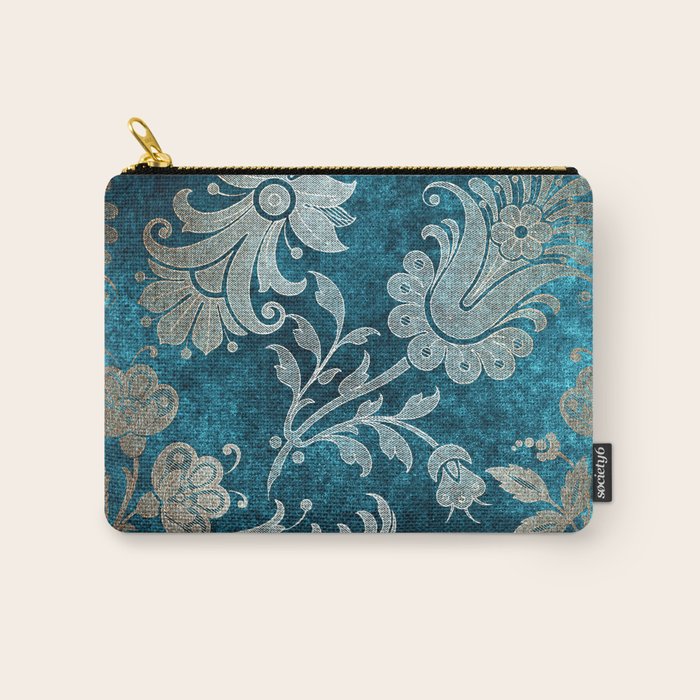 Aqua Teal Vintage Floral Damask Pattern Carry All Pouch Gallery Image 1