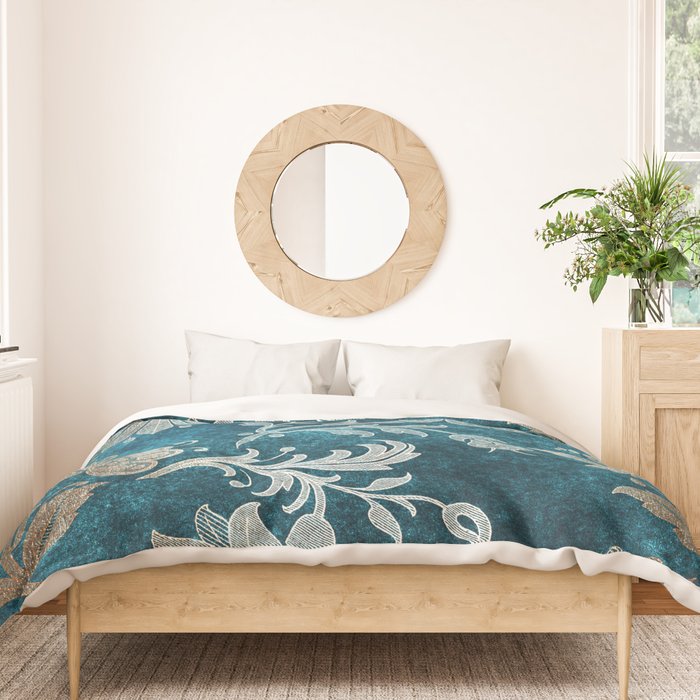 Aqua Teal Vintage Floral Damask Pattern Duvet Cover Gallery Image 3