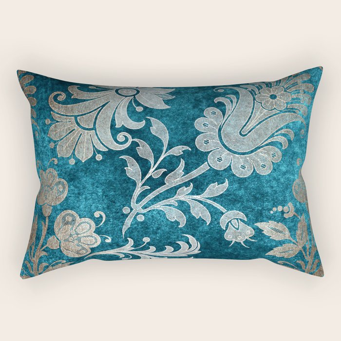 Aqua Teal Vintage Floral Damask Pattern Rectangular Pillow Gallery Image 2