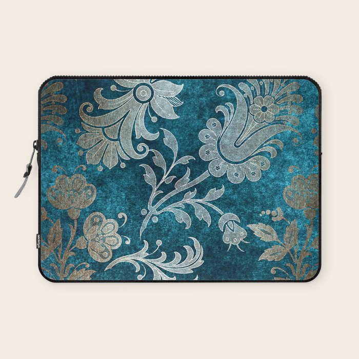 Aqua Teal Vintage Floral Damask Pattern Laptop Sleeve Gallery Image 1