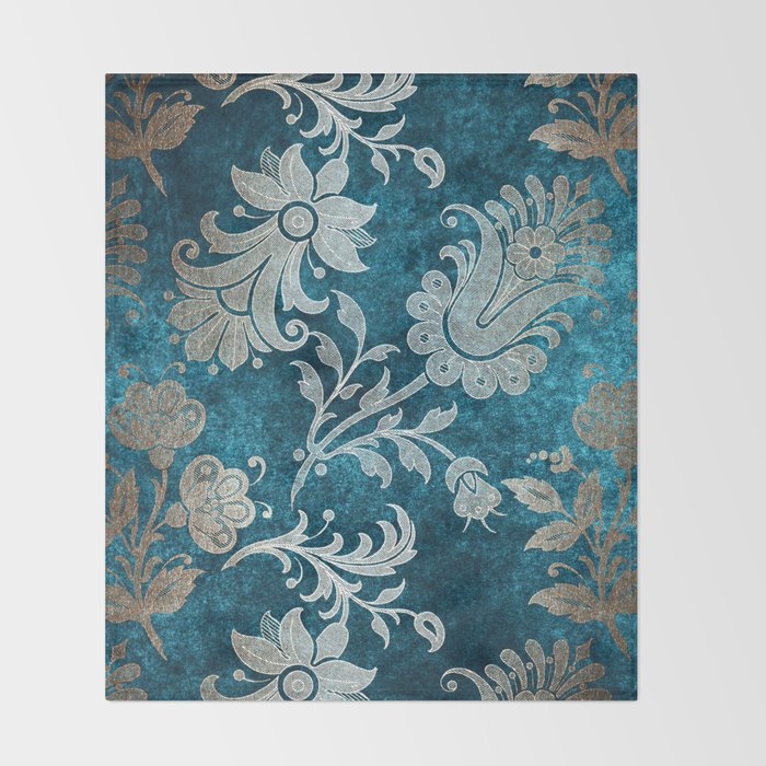 Aqua Teal Vintage Floral Damask Pattern Throw Blanket Gallery Image 2