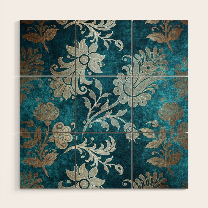 Aqua Teal Vintage Floral Damask Pattern Wood Wall Art Gallery Image 1