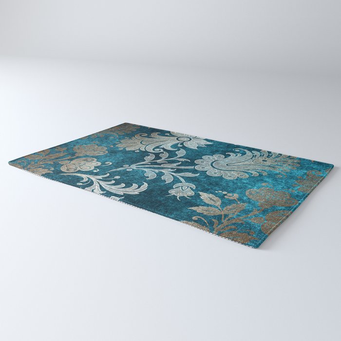 Aqua Teal Vintage Floral Damask Pattern Rug Gallery Image 3