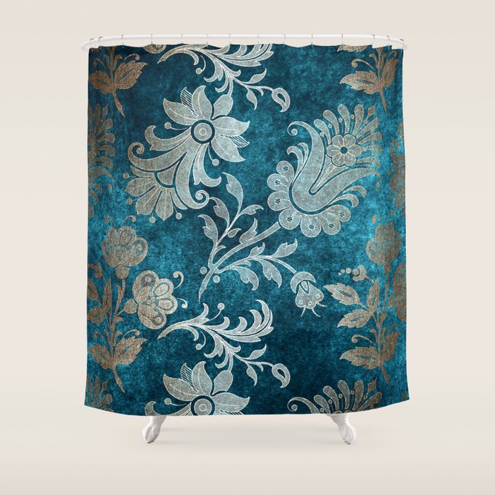 Aqua Teal Vintage Floral Damask Pattern Shower Curtain Gallery Image 1