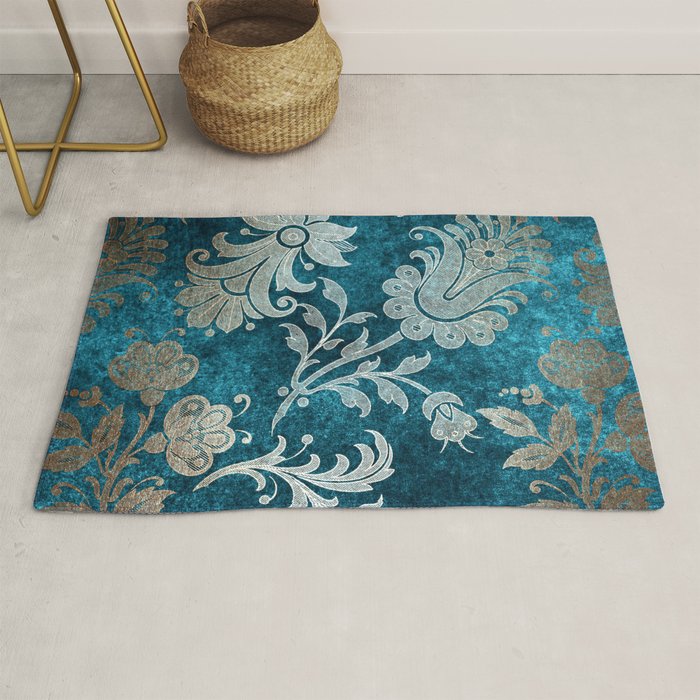 Aqua Teal Vintage Floral Damask Pattern Rug Gallery Image 1