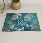 Aqua Teal Vintage Floral Damask Pattern Rug Gallery Image 1