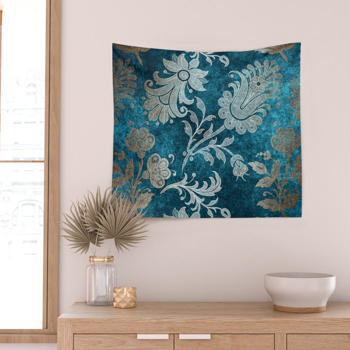 Aqua Teal Vintage Floral Damask Pattern Wall Tapestry Gallery Image 2