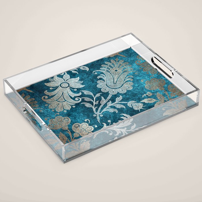 Aqua Teal Vintage Floral Damask Pattern Acrylic Tray Gallery Image 1