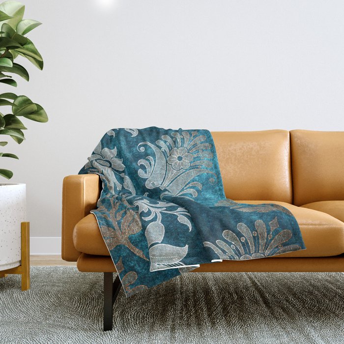 Aqua Teal Vintage Floral Damask Pattern Throw Blanket Gallery Image 1