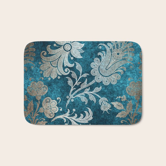 Aqua Teal Vintage Floral Damask Pattern Bath Mat Gallery Image 1