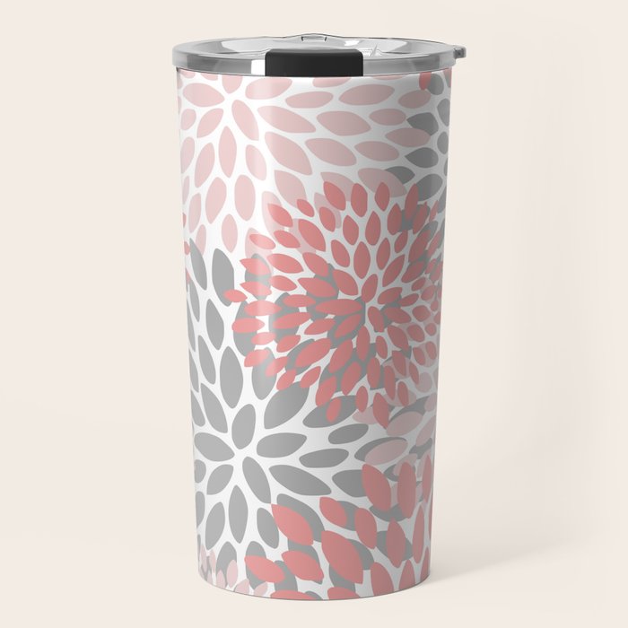 Floral Pattern, Coral Pink and Gray Travel Mug Gallery Image 1