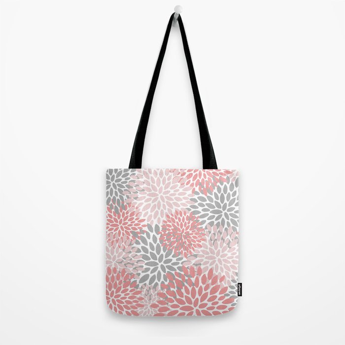 Floral Pattern, Coral Pink and Gray Tote Bag Gallery Image 2