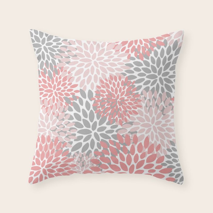 Floral Pattern, Coral Pink and Gray Throw Pillow Gallery Image 6