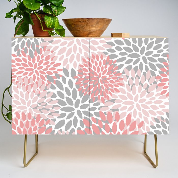 Floral Pattern, Coral Pink and Gray Credenza Gallery Image 1