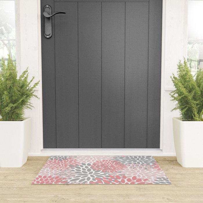 Floral Pattern, Coral Pink and Gray Welcome Mat Gallery Image 3