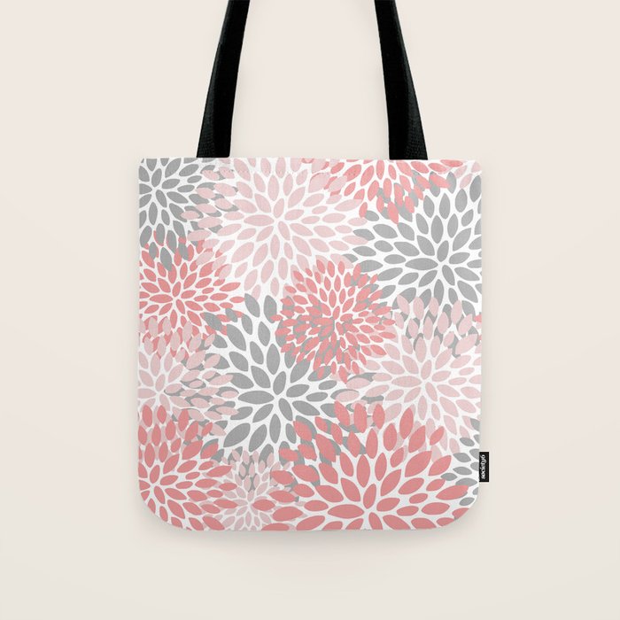 Floral Pattern, Coral Pink and Gray Tote Bag Gallery Image 1
