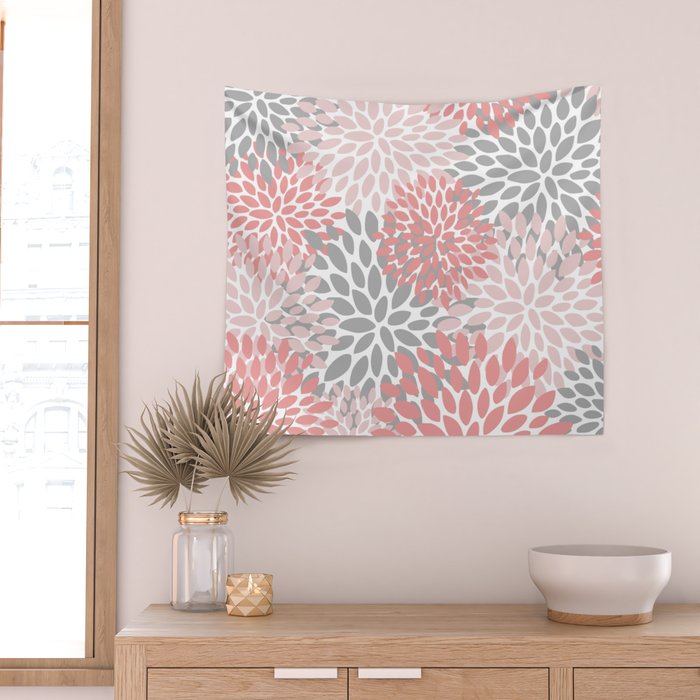 Floral Pattern, Coral Pink and Gray Wall Tapestry Gallery Image 2