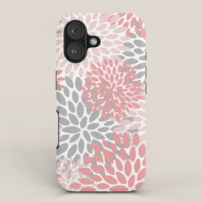 Floral Pattern, Coral Pink and Gray iPhone Case Gallery Image 1