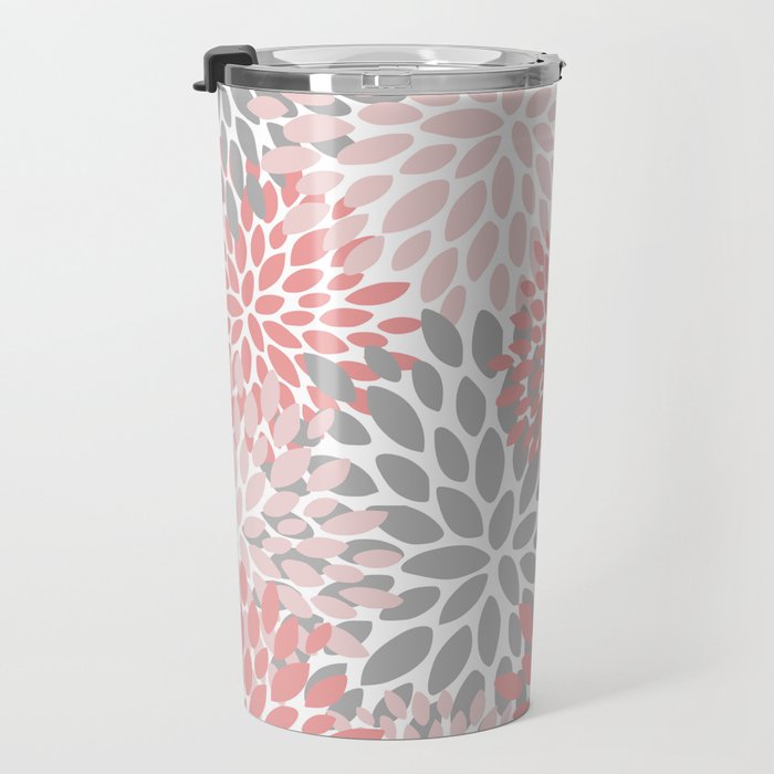 Floral Pattern, Coral Pink and Gray Travel Mug Gallery Image 3
