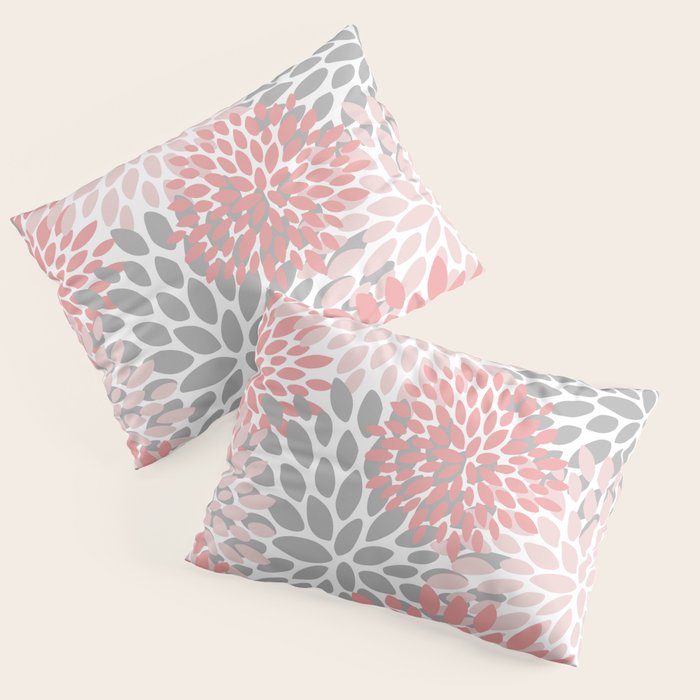 Floral Pattern, Coral Pink and Gray Pillow Sham Gallery Image 1