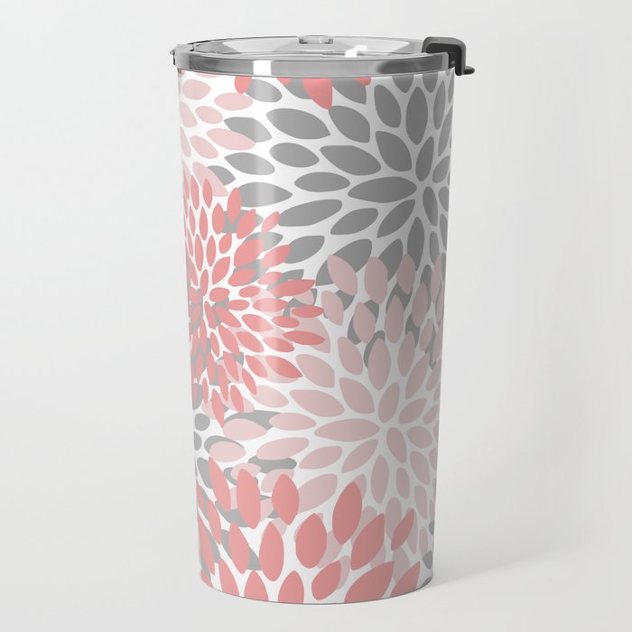 Floral Pattern, Coral Pink and Gray Travel Mug Gallery Image 2