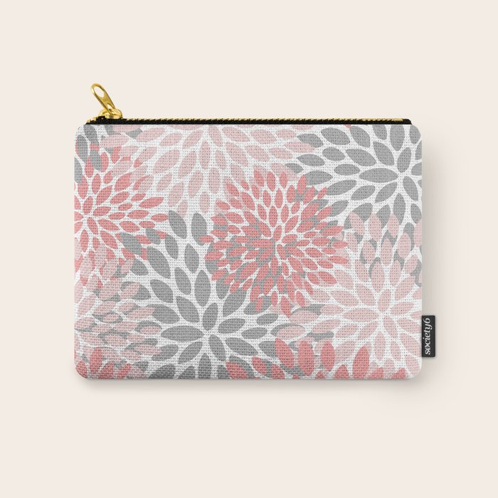 Floral Pattern, Coral Pink and Gray Carry All Pouch Gallery Image 1