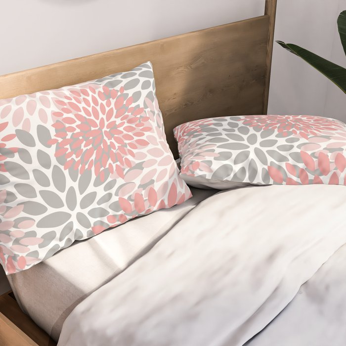 Floral Pattern, Coral Pink and Gray Pillow Sham Gallery Image 2