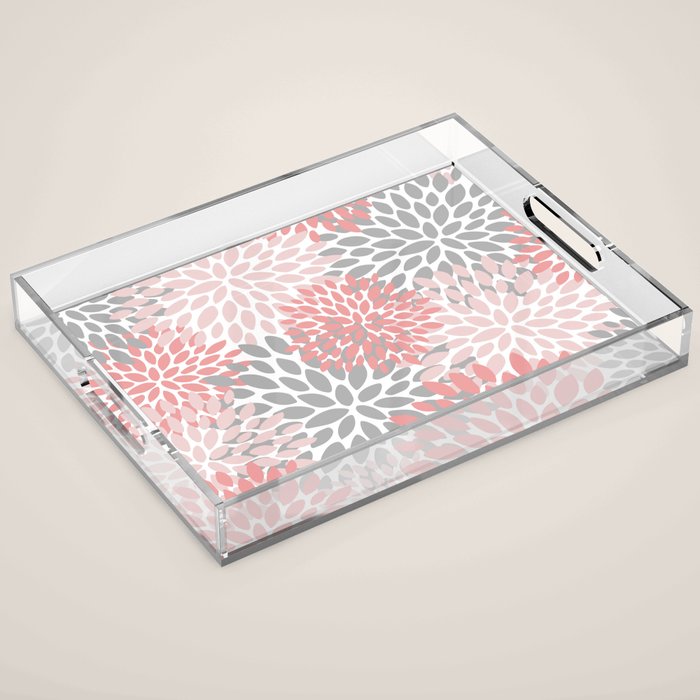 Floral Pattern, Coral Pink and Gray Acrylic Tray Gallery Image 1