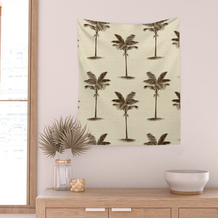 Etched Palm Trees on Vintage Linen Wall Tapestry Gallery Image 2