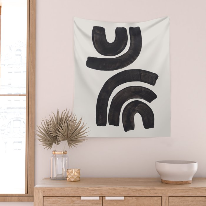 Reflection Mid Century Modern Minimalist Black Ink Painting Funky Tribal Wall Tapestry Gallery Image 2