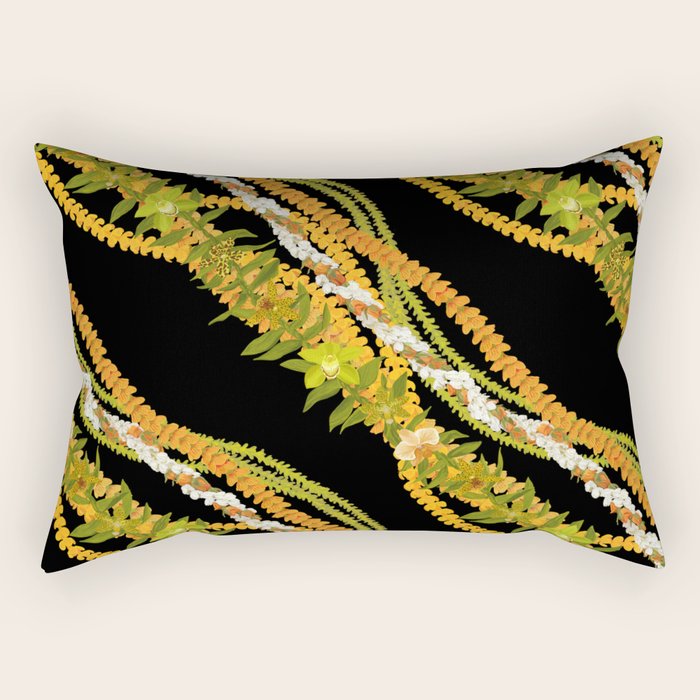 Diagonal Lei Pikake and Orange Lokelani Ti Leaf Puakenikeni Lantern Ilima Rectangular Pillow Gallery Image 1