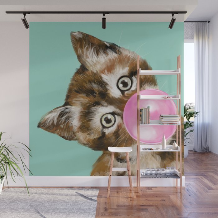 Bubble Gum Baby Cat in Green Wall Mural Gallery Image 1