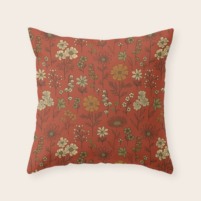 Burnt Orange & Olive Green Floral Throw Pillow Gallery Image 6