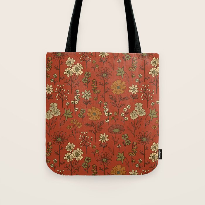 Burnt Orange & Olive Green Floral Tote Bag Gallery Image 1