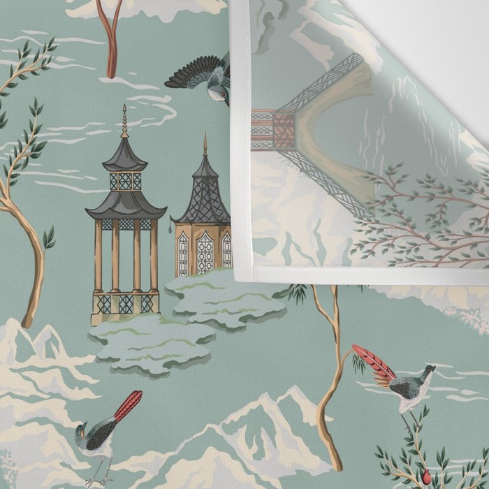 Vintage Chinoiserie Pastel Pagoda Bridge Garden Landscape Wall Tapestry Gallery Image 3