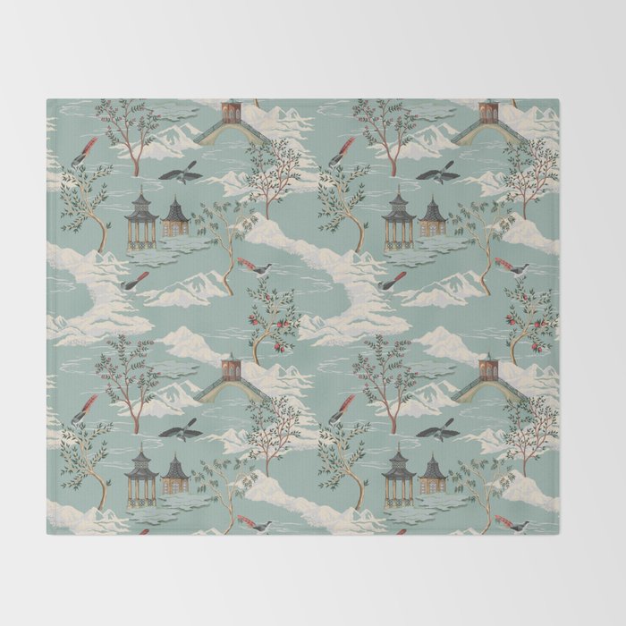 Vintage Chinoiserie Pastel Pagoda Bridge Garden Landscape Throw Blanket Gallery Image 2