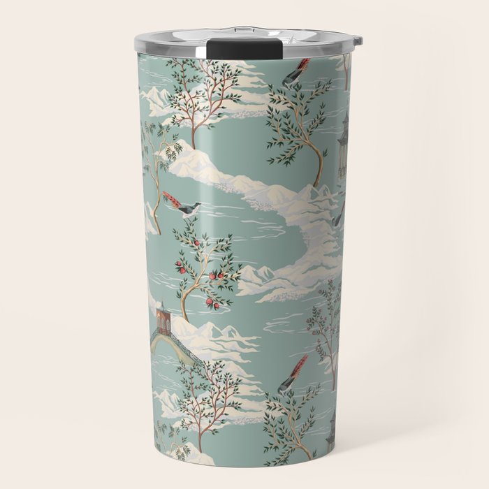 Vintage Chinoiserie Pastel Pagoda Bridge Garden Landscape Travel Mug Gallery Image 1
