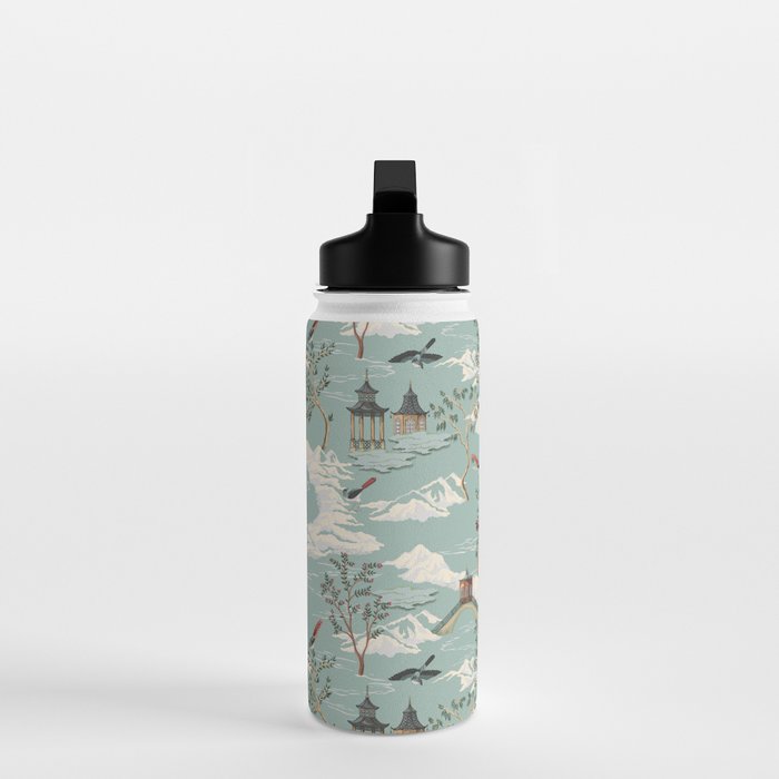 Vintage Chinoiserie Pastel Pagoda Bridge Garden Landscape Water Bottle Gallery Image 3
