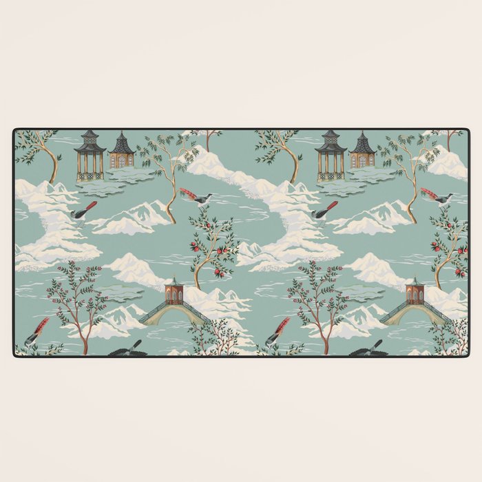 Vintage Chinoiserie Pastel Pagoda Bridge Garden Landscape Desk Mat Gallery Image 3
