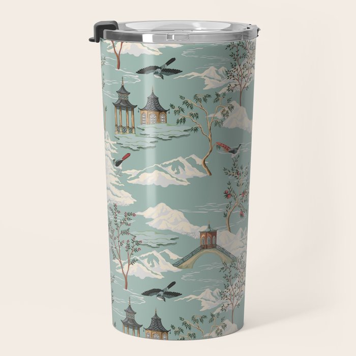 Vintage Chinoiserie Pastel Pagoda Bridge Garden Landscape Travel Mug Gallery Image 3