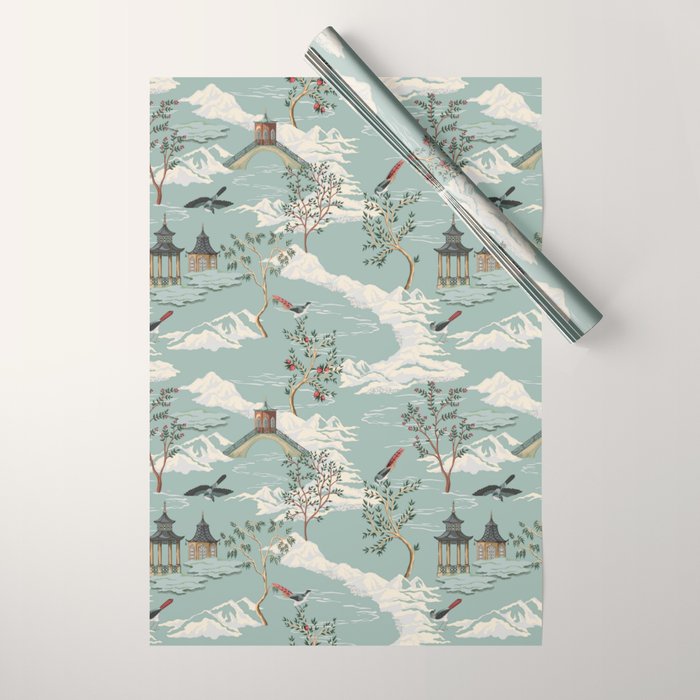 Vintage Chinoiserie Pastel Pagoda Bridge Garden Landscape Wrapping Paper Gallery Image 1