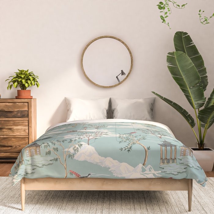 Vintage Chinoiserie Pastel Pagoda Bridge Garden Landscape Comforter Gallery Image 3