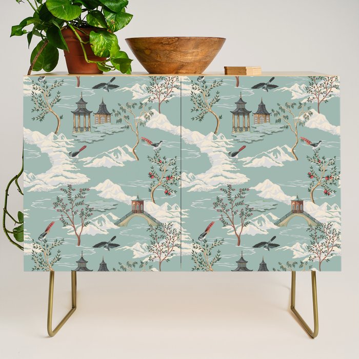 Vintage Chinoiserie Pastel Pagoda Bridge Garden Landscape Credenza Gallery Image 1