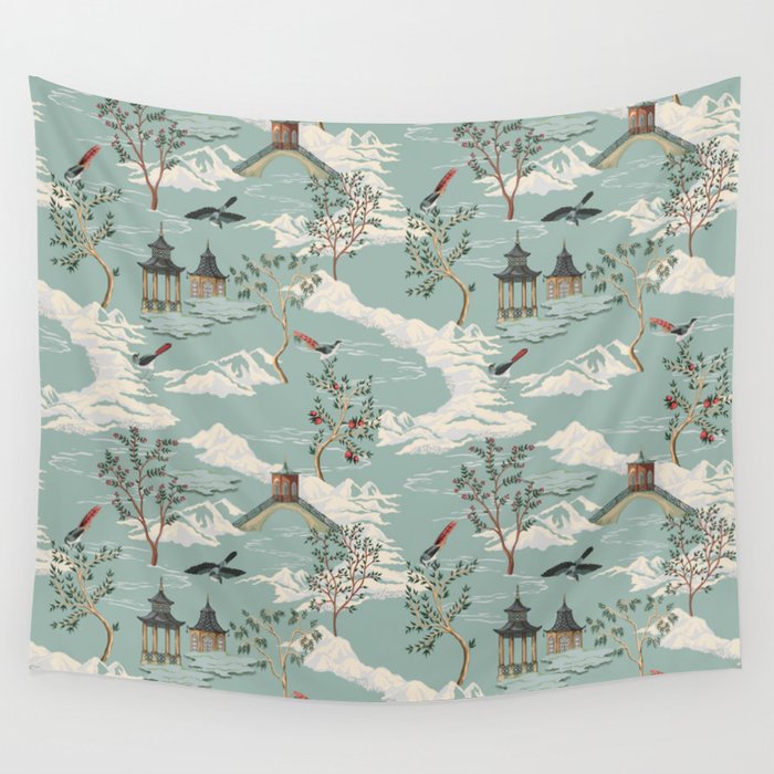 Vintage Chinoiserie Pastel Pagoda Bridge Garden Landscape Wall Tapestry Gallery Image 1