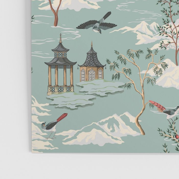 Vintage Chinoiserie Pastel Pagoda Bridge Garden Landscape Poster Gallery Image 3