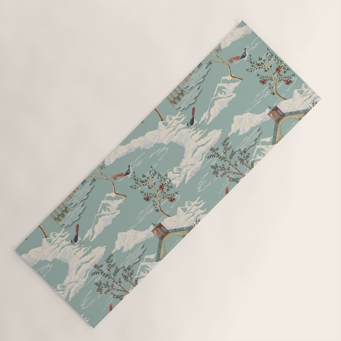Vintage Chinoiserie Pastel Pagoda Bridge Garden Landscape Yoga Mat Gallery Image 1