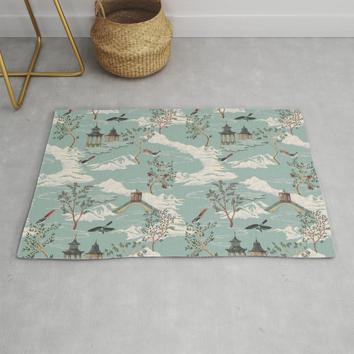 Vintage Chinoiserie Pastel Pagoda Bridge Garden Landscape Rug Gallery Image 1