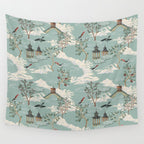 Vintage Chinoiserie Pastel Pagoda Bridge Garden Landscape Wall Tapestry Gallery Image 4