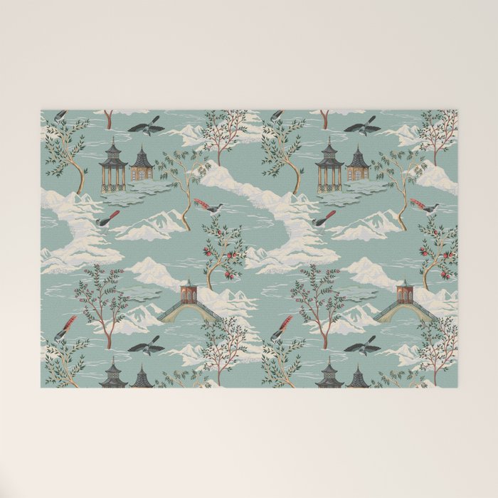 Vintage Chinoiserie Pastel Pagoda Bridge Garden Landscape Welcome Mat Gallery Image 1