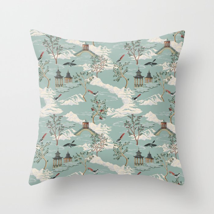 Vintage Chinoiserie Pastel Pagoda Bridge Garden Landscape Throw Pillow Gallery Image 1